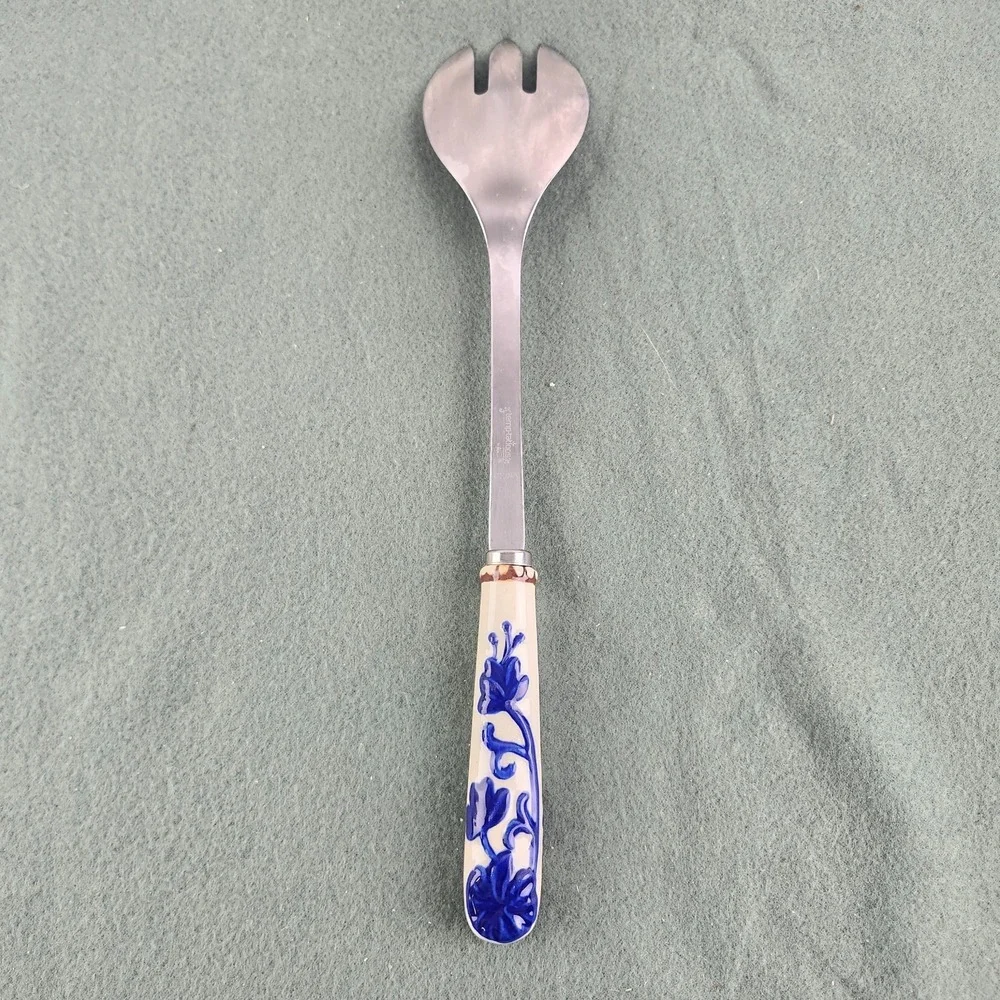 Temptations Old World Stainless Steel Salad‎ Serving Fork Floral Lace Blue